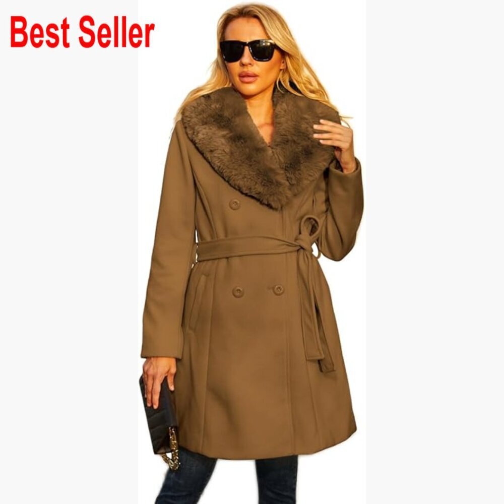 Long Faux Leather Pea Coat Double-Breasted Trench Winter Outwear